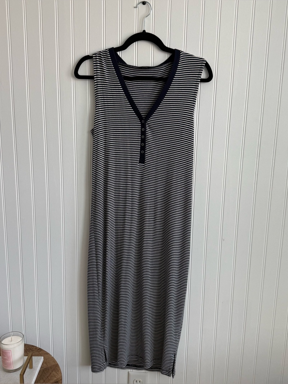 J Crew Navy White Striped Henley Sleeveless Midi Dress Ribbed Knit Women's M